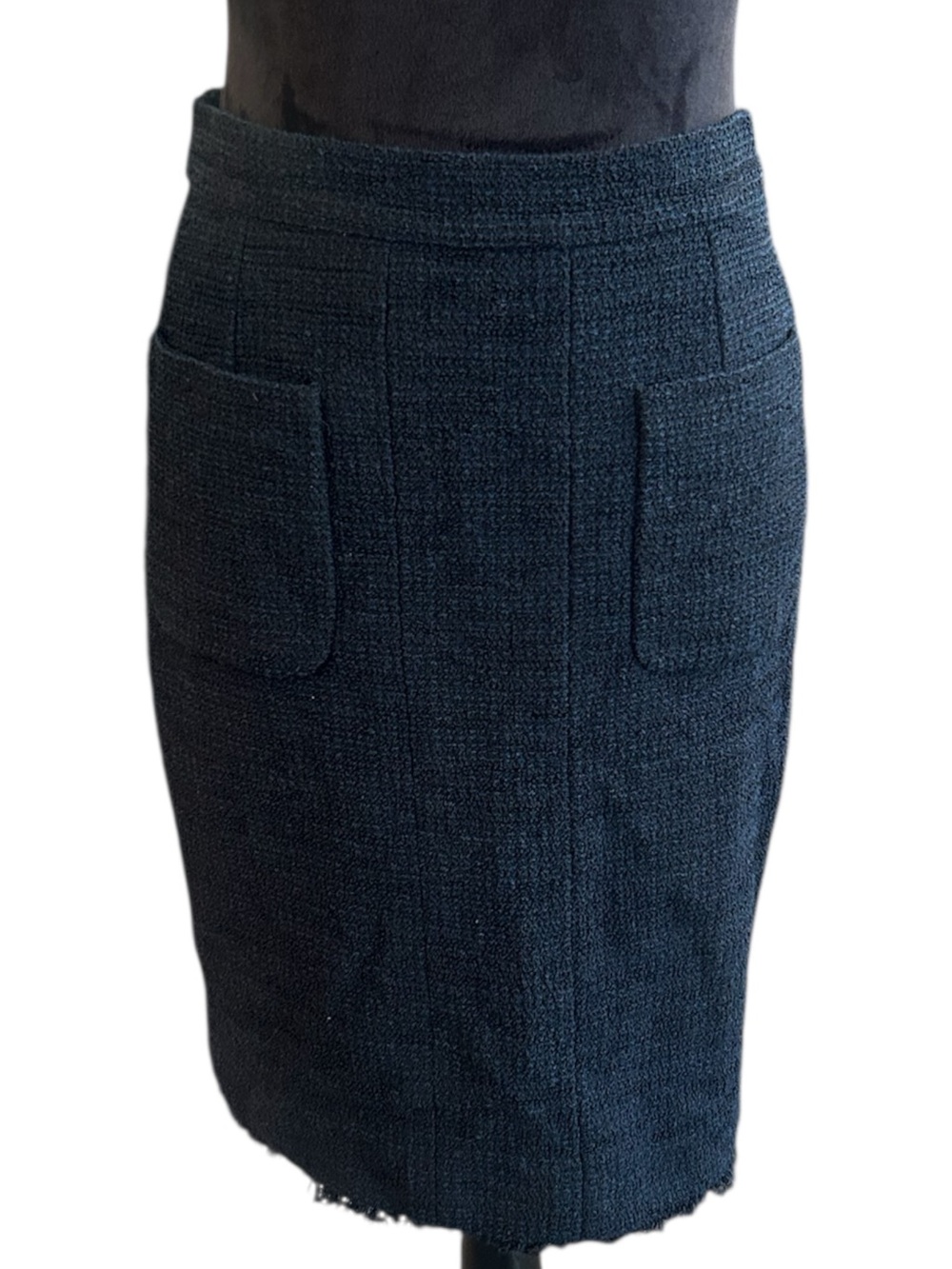 CHANEL Vintage 80s Dark Navy Tweed Pencil Skirt with Signature Buttons Luxury